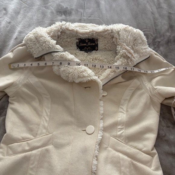 L GUESS Faux Suede Fur Lining ZIP JACKET HOODIE OFF WHITE CREAM soft warm winter - Picture 16 of 16
